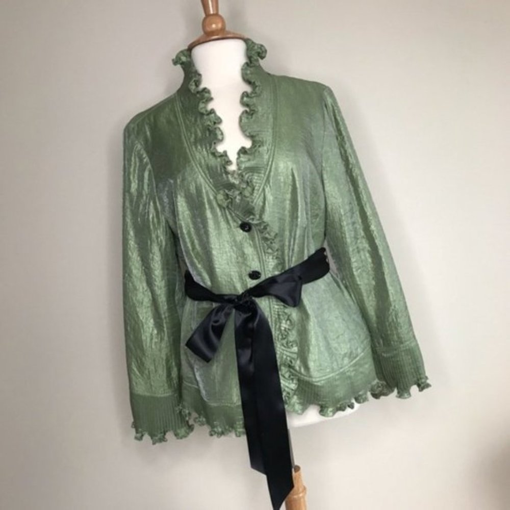 Adrianna Papell Green Ruffle Belted Blazer 16W